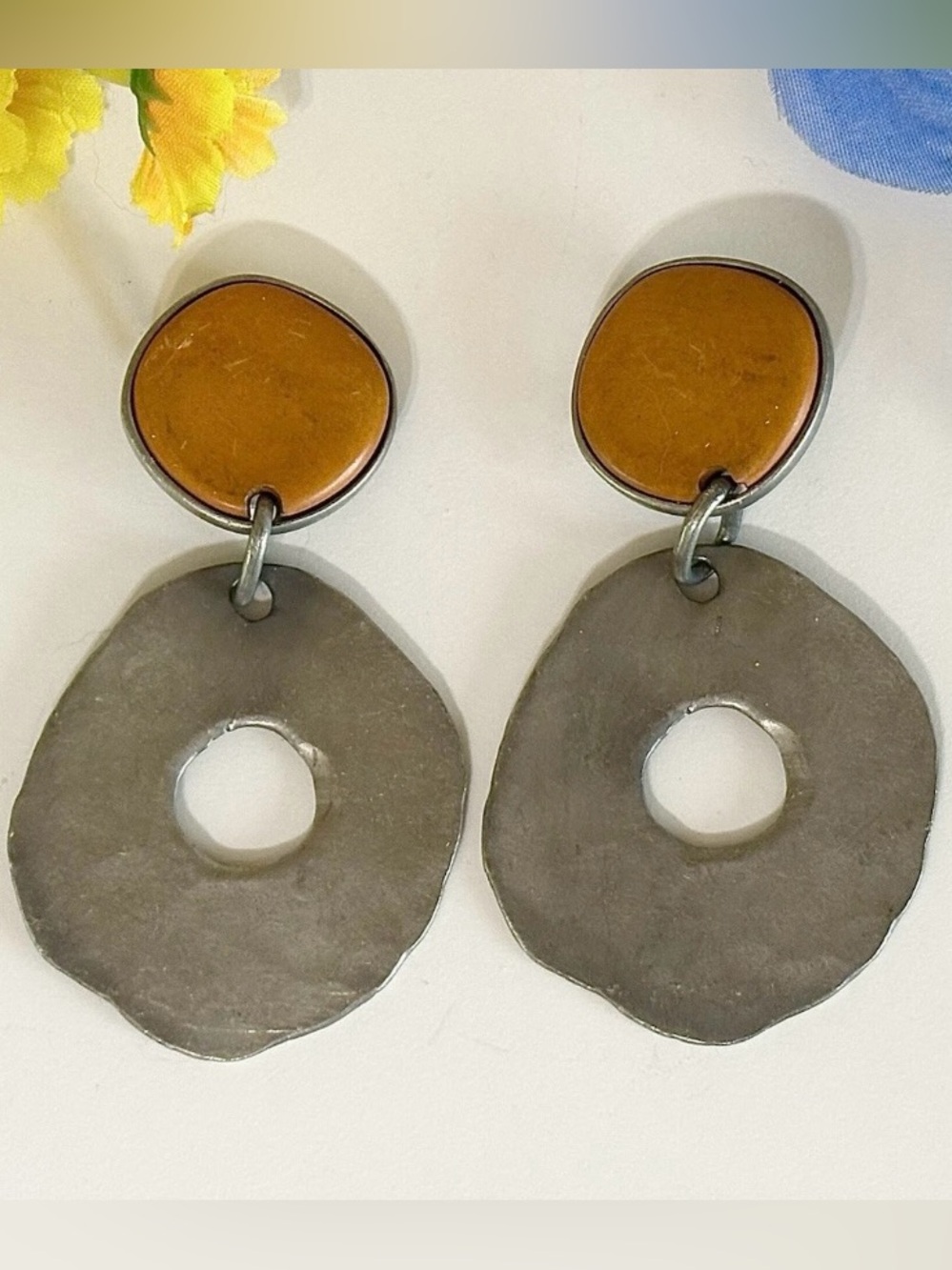 Rare Vintage BEN-AMUN Orange Clay & Pewter Unique Industrial Clip On Earrings